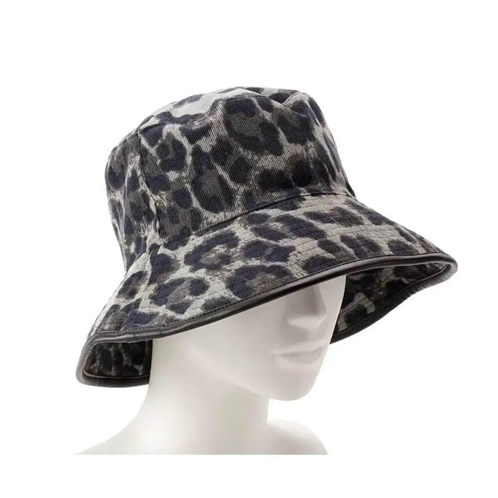 Nine West Animal Print Corduroy Bucket Hat – Black & Grey with Leather Trim–NWT